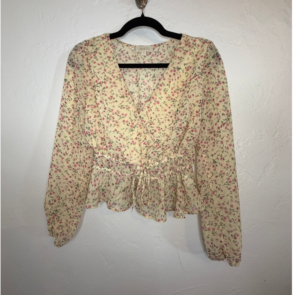 London Rose Top Medium Cream Pink Floral Faux Wrap Peplum Long Sleeve Medium